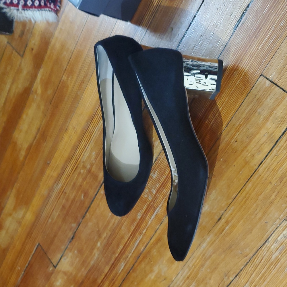 Suede Block Heeled Pump with Gold Accent